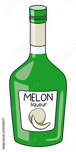 Classic Green Melon sweet fruit liquor in a bottle. Doodle cartoon hipster style vector illustration isolated on white background. Good for party card, posters, bar menu or alcohol cook book.