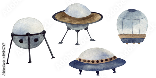 Wallpaper Mural Watercolor illustration. Hand-painted ufo ships with brown red blue colors. Cosmic space theme, the universe. Isolated on a white background. High resolution clipart.  Torontodigital.ca