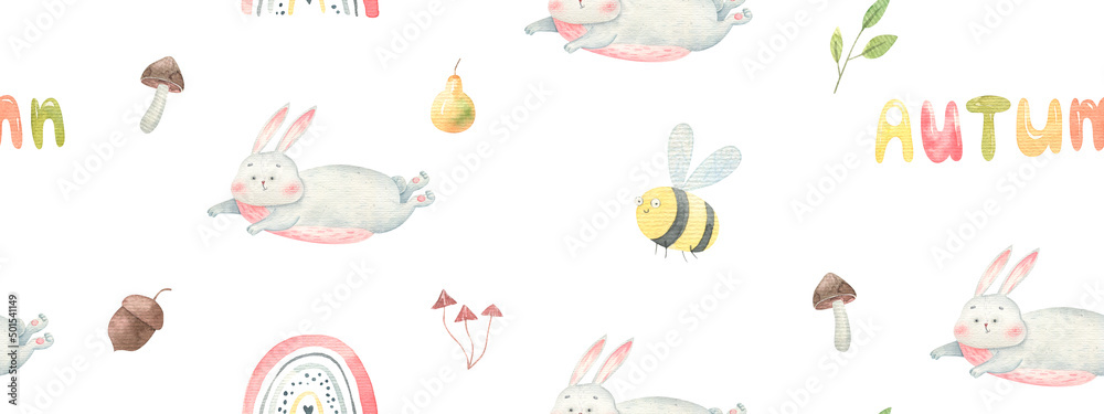 seamless pattern with autumn, hare, mushrooms, children's illustration in watercolor on a white background, design and print seamless pattern with autumn, hare, mushrooms, children's illustration in watercolor on a white background, design and print
