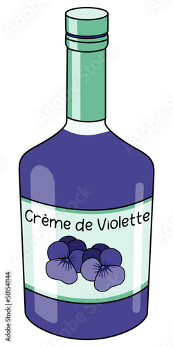 Classic Creme de Violette sweet viola flower liquor in a bottle. Doodle cartoon hipster style vector illustration isolated on white background. For party card, posters, bar menu or alcohol cook book