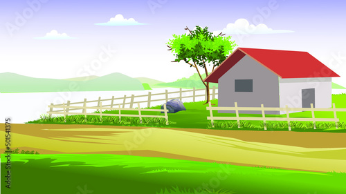 River side farmer house village. with simple wooden strip compound poor house style.