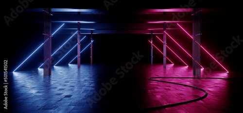 Neon Lights Grunge Sci Fi Stage Showroom Tunnel Corridor Underground Garage Car Room Cement Asphalt Concrete Brick Wall Realistic Blue Purple Red Cyber Background 3D Rendering