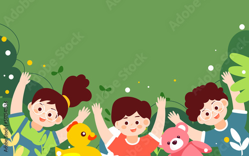 Children day children are lying and playing on the lawn with toys and plants in the background, vector illustration