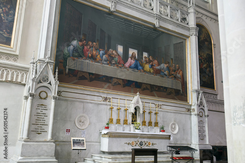 Interior with mosaic copy of famous fresco Last Supper of Leonardo da Vinci in Minorite Church Minoritenkirche in Vienna