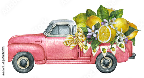 Watercolor lemon truck, pickup car with citrus fruits. Summer pink truck,squeeze the day,farmhouse vintage car. Festive day pickup