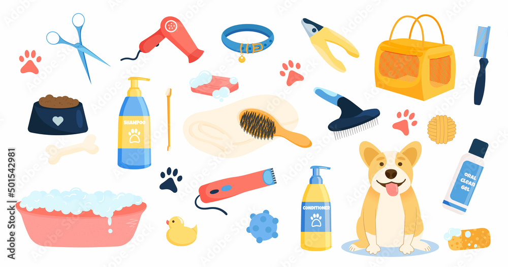 Flat dog grooming tools set isolated on white background. Vector pet care equipment elements. Shampoo, combs, toys and tools for wool care. 