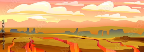 Rocky landscape. Horizon far away. Sharp stone cliffs. View of an uninhabited planet. Cracks in earth crust. Desert during the day. Vector