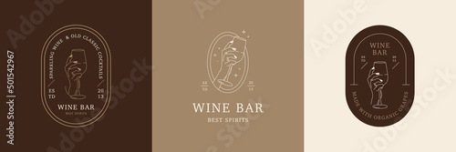 Three kinds of the same logo for wine bar. Emblem design template with hand hold wine glass. Abstract line sign for cafe, cocktail bar, drinks store.
