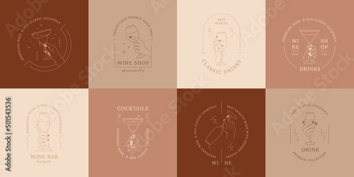 Set of linear logos or emblem template for alcohol store, wine bar, drink shop, cocktail cafe. Hands in different gestures hold glasses of drink. Vector Illustrations isolated on colorful squares