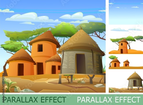 Africa village with parallax effect. Rural houses made of clay and straw. African landscape. Rocky desert and blue sky. Acacia trees. Vector