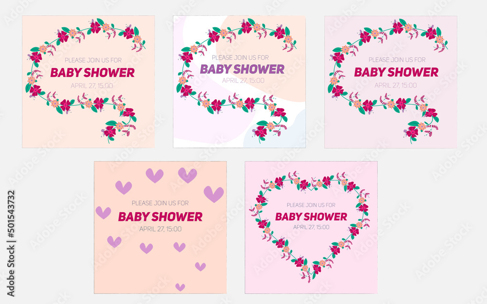 Set of tender invitations for baby shower party with floral and heart design in vector Set of tender invitations for baby shower party with floral and heart design in vector