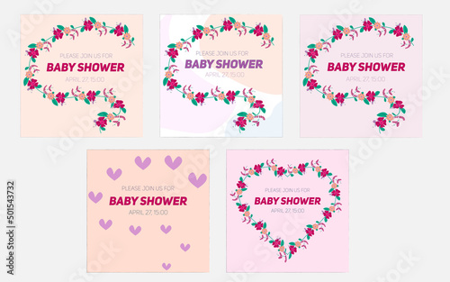 Set of tender invitations for baby shower party with floral and heart design in vector