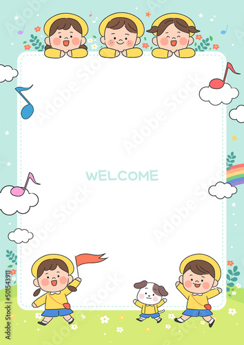 llustration of cartoon kindergarten. Cute frame with kids, child and frame
