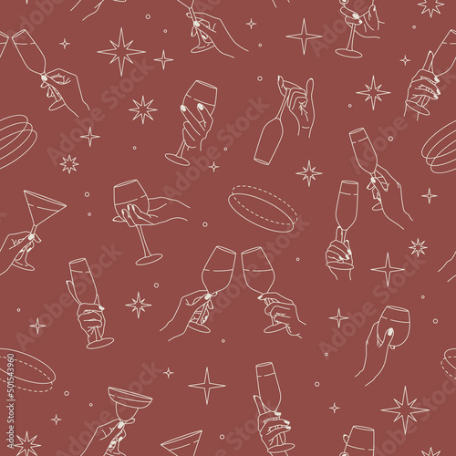 Seamless pattern with wine glass, hand gestures, stars, cheers. Pattern template for wine bar, alcohol store, drinks cafe, cocktail shop. Template for prints, fabric, wallpaper, package, identity.