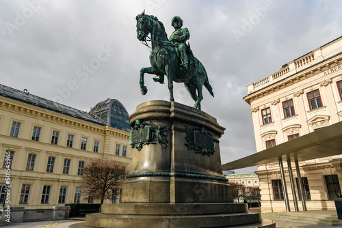 Erzherzog Albrecht equestrian monument near famous Albertina museum palace in Vienna, Austria. January 2022