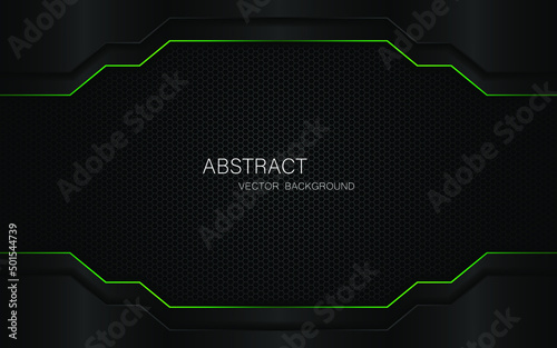 Abstract black polygon with green lines on dark steel mesh background. and free space for design
