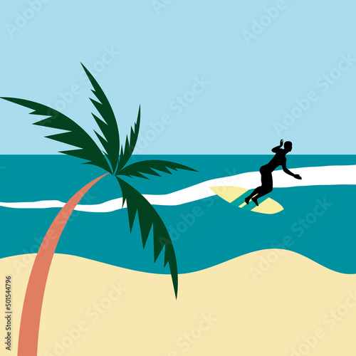 Seascape with palm tree and silhouette of a girl on a surfboard on a wave