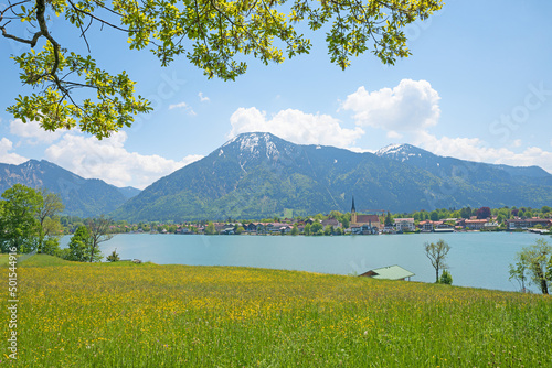 pictorial spring landscape lake Tegernsee, view to Rottach-Egern tourist resort. upper bavaria photo