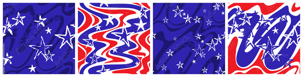 America glitch stars and abstract ripple stripes seamless pattern set with modern design. Vector background in red, blue and white colors with liquid effect.