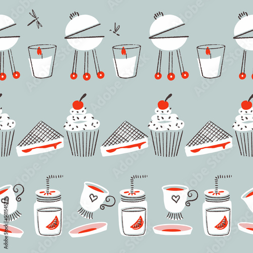 Garden Party Food Vector Seamless Horizontal Seamless Borders Set