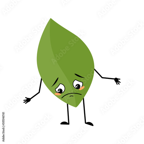 Leaf character with sad emotions, depressed face, down eyes, arms and legs. Person with melancholy expression, green plant emoticon. Vector flat illustration