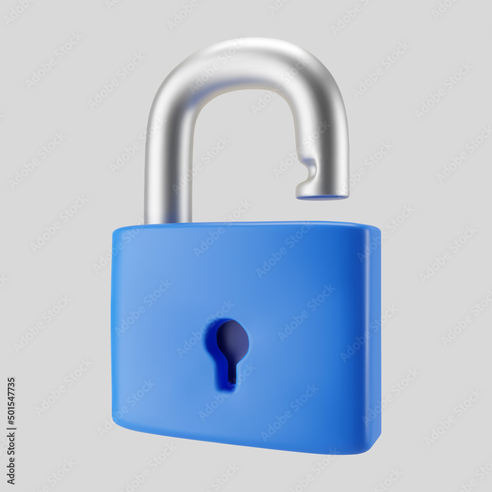 3d blue unlocked padlock icon isolated on gray background. Render minimal open padlock with a keyhole. Confidentiality and security concept. 3d cartoon simple vector illustration 3d blue unlocked padlock icon isolated on gray background. Render minimal open padlock with a keyhole. Confidentiality and security concept. 3d cartoon simple vector illustration
