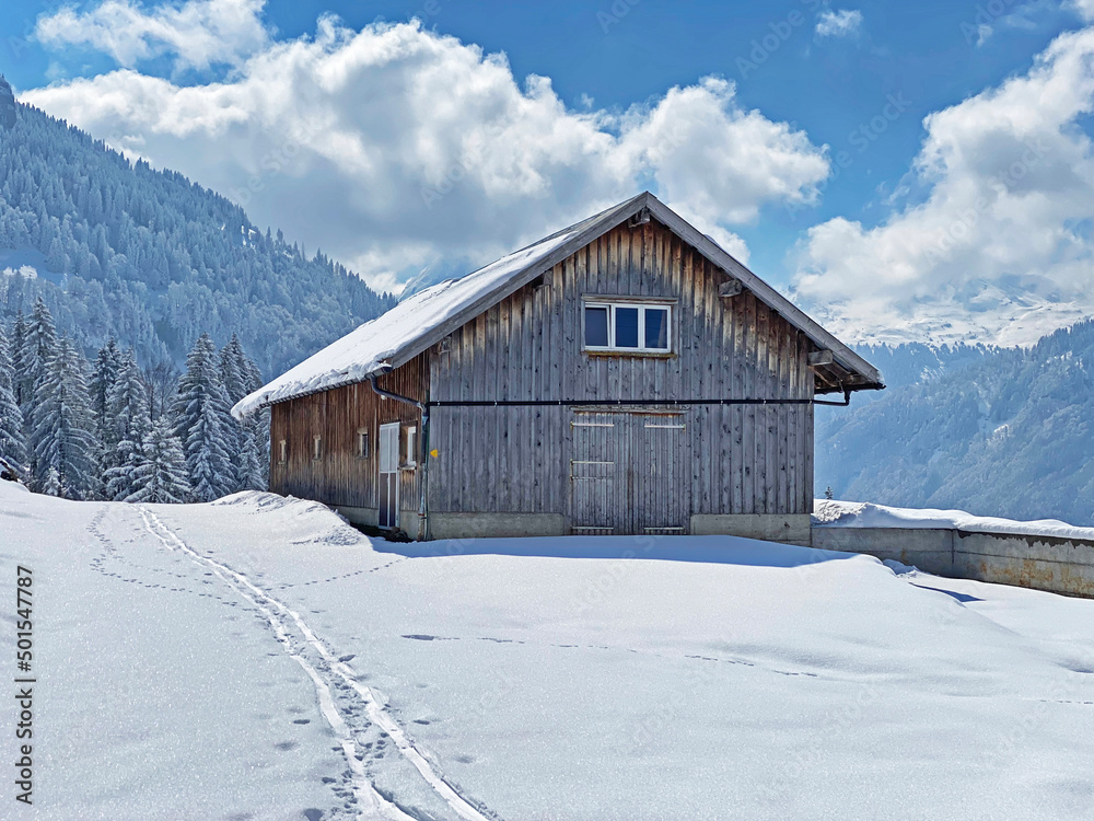 Indigenous alpine huts and wooden cattle stables on Swiss pastures covered with fresh white snow cover, Nesslau - Obertoggenburg, Switzerland (Schweiz) Indigenous alpine huts and wooden cattle stables on Swiss pastures covered with fresh white snow cover, Nesslau - Obertoggenburg, Switzerland (Schweiz)