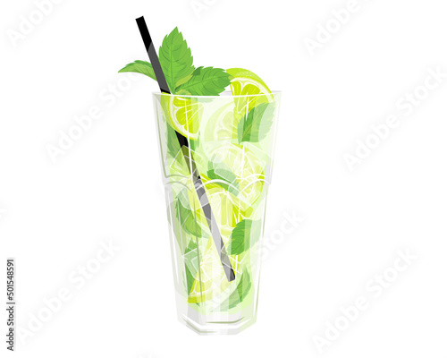 Mojito cocktail. Summer refreshing drink with ice, lime and mint, in a glass glass with a straw.