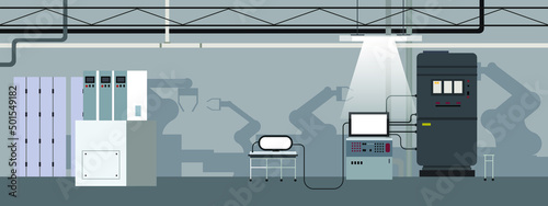 Industrial factory laboratory interior with machinery and computers horizontal banner and background web flat vector illustration