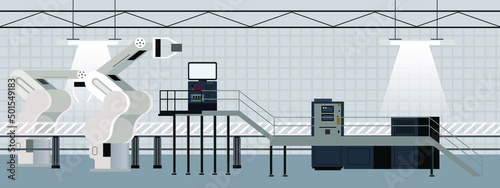 Industrial interior of factory with line conveyor and machinery robots horizontal banner and background web flat vector illustration
