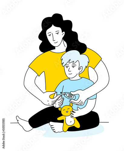 Mother help sugar test diabetes boy, blood sugar meter doodle style drawing.