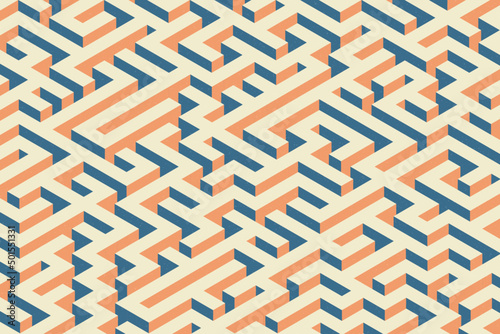 Retro labyrinth background. Isometric endless maze with noiae effect pattern design