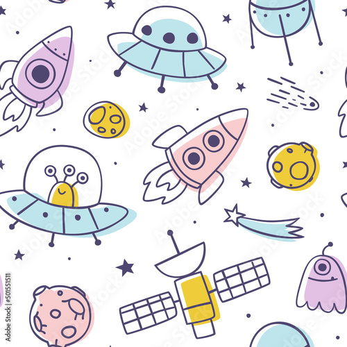 Outline doodle space pattern. Cosmic seamless print with spaceship and aliens for kids.