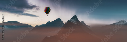 Dramatic Mountain Landscape covered in clouds. Sunset or Sunrise Colorful Sky. Hot Air Balloon aircraft Flying. 3d Rendering Adventure Dream Concept Artwork.