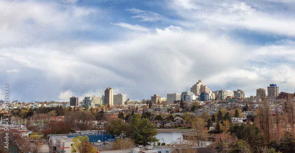 Panoramic View of Vancouver City in False Creek, BC, Canada. Sunny Cloudy Day. Modern Cityscape, residential homes and buildings, Panorama.