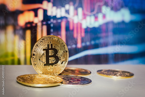 Gold bitcoin with trading graph chart in background Virtual cryptocurrency concept.