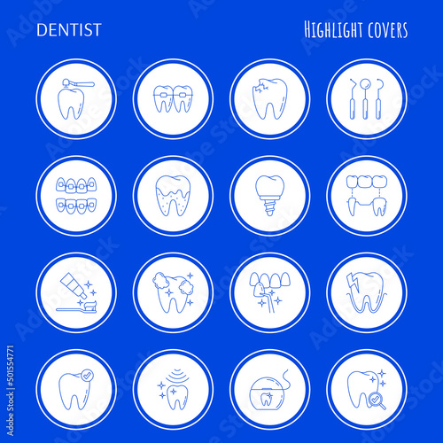 Dentist cabinet: dental instruments, toothbrush and toothpaste, caries, veneers, tooth whitening, implant, calculus. Highlights for stories. Thin line icons set, vector illustration.