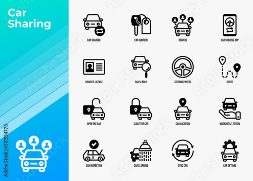 Car sharing set. Mobile app on smartphone, driver license, route, key, car inspection, route, open and close car, sync thin line icons. Vector illustration.