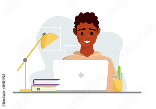 Black man working with computer. Home office concept. Student or freelancer. Male character. Vector cute Illustration in cartoon flat style.
