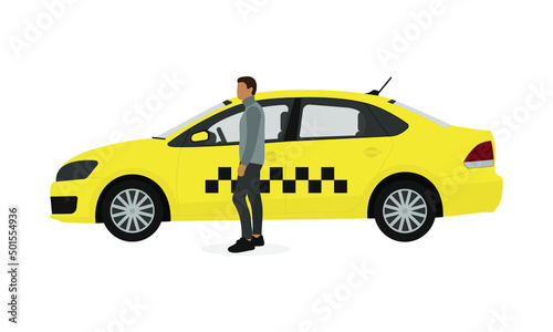 A male character is standing near a yellow taxi on a white background