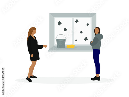 Two female characters are standing near a dirty window with a bucket of water and a sponge on a white background