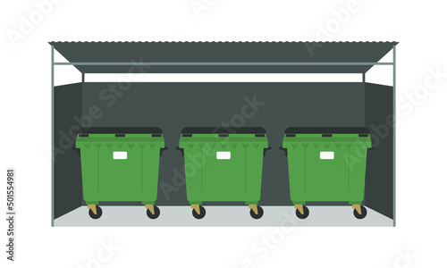 Three trash cans under the roof on a white background