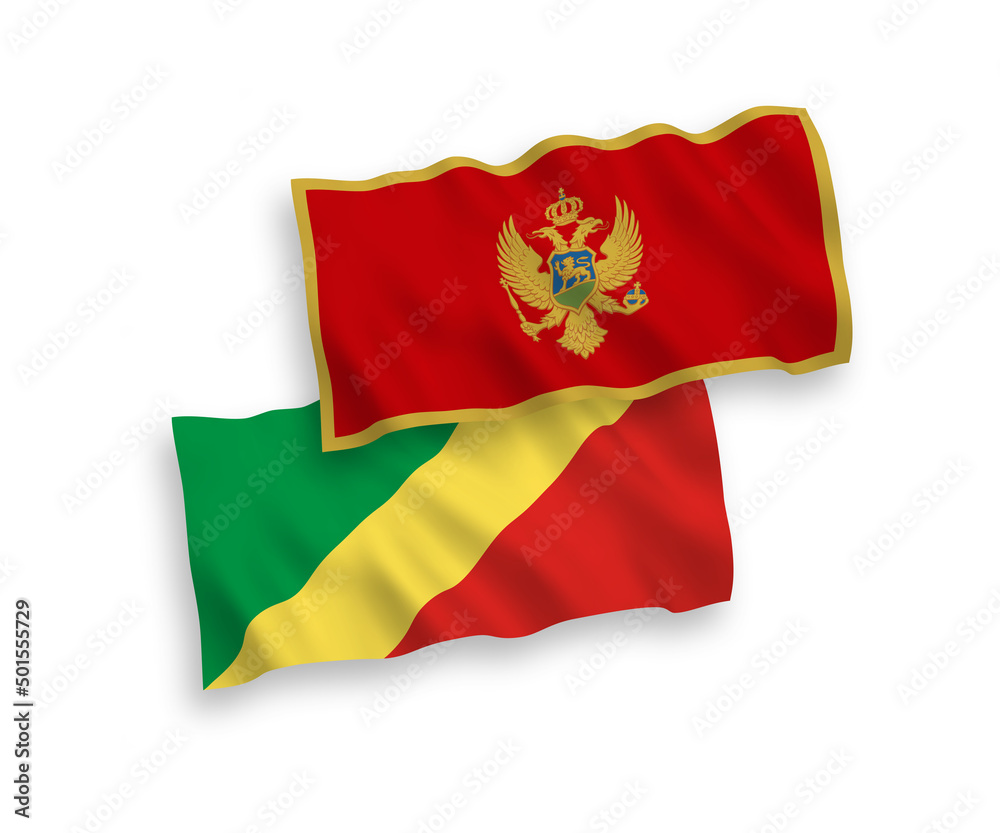 National vector fabric wave flags of Montenegro and Republic of the Congo isolated on white background. 1 to 2 proportion. National vector fabric wave flags of Montenegro and Republic of the Congo isolated on white background. 1 to 2 proportion.