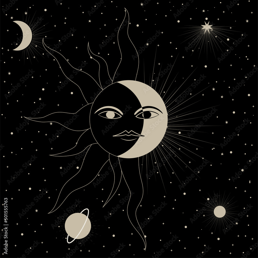 magical banner with sun and moon. the sun and moon are one