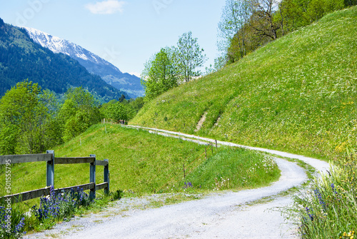 Dirt road with a view over snowy mountain in Switzerland in summer. photo