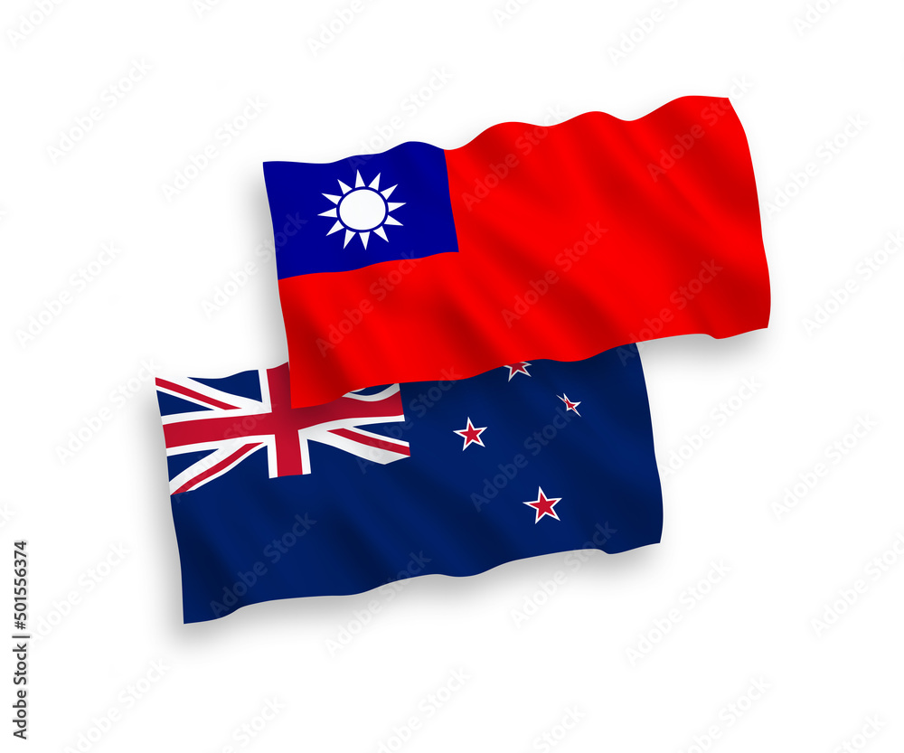 National vector fabric wave flags of New Zealand and Taiwan isolated on white background. 1 to 2 proportion. National vector fabric wave flags of New Zealand and Taiwan isolated on white background. 1 to 2 proportion.