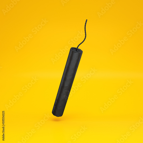 Black dynamite stick floating on a yellow background, 3d render
