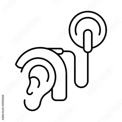 Cochlear implant line icon. Human ear with electronic device that stimulates nerve for hearing. Hearing impairment therapy. Surgery that provides a sense of sound. Vector illustration, flat, clip art. photo
