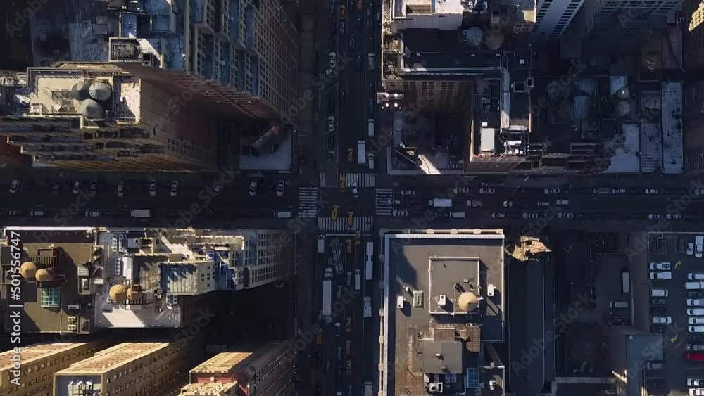 Aerial view above traffic on a street in Manhattan, New York, USA - top down, drone shot Aerial view above traffic on a street in Manhattan, New York, USA - top down, drone shot