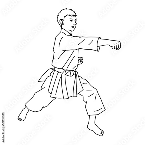 空手（形）をする男性のイラスト（白背景・ベクター・切り抜き・線画）